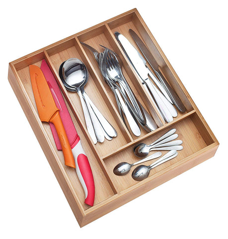 ✔ Premium, Non-slip, Extra Deep Drawer Organizer| Bamboo Utensil Holder, Wood Silverware Organizer| Wooden Flatware Holder, Cutlery Tray, Kitchen Drawer Dividers by PRISTINE BAMBOO (9.8 x 13.5 x 2.4)
