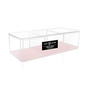 Isaac Jacobs Clear Acrylic 3 Section Organizer- Three Compartment Drawer Tray and Storage Solution for Office, Bathroom, Kitchen, Supplies, and More (Pink)