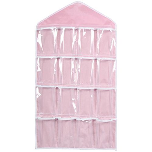 Goddessvan 16 Pockets Clear Hanging Bag Rack Hanger Storage Organizer for Socks/Bra/Underwear (Pink)