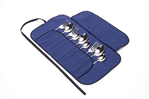 12-Piece Camping Flatware Roll Holder, Blue CanvasTableware Dinnerware Set Storage Bag, Portable Cutlery Caddy Organizer for Travel Family BBQ Party Camping Picnic Outdoor Activities CB07