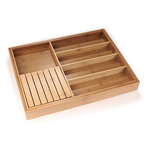 BambooMN Bamboo Adjustable Expandable Drawer Organizer, Flatware Utensils Stationary and Accessories - Single Unit