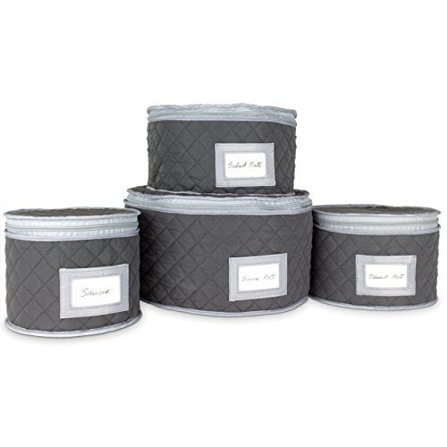 China Storage Case - Saucer or Small Plate Quilted Case - 7 inches diameter x 6 inches height - Gray - Includes 12 Felt Separators