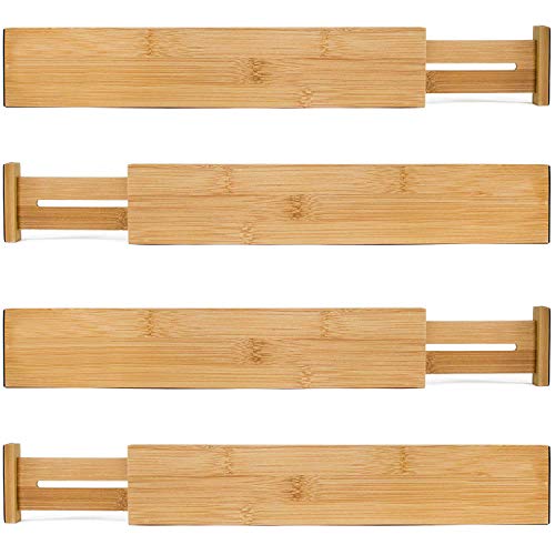Bamboo Wooden Drawer Divider, Set of 4 | Adjustable Organizers | Natural Organic Bamboo | Expandable, Spring Loaded | Works in Kitchen, Dresser, Bathroom, Bedroom, Desk, Baby