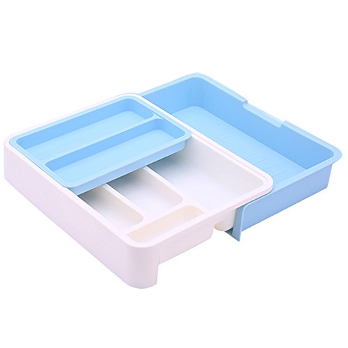 HornTide 3-in-1 Drawer Tray Expandable Utensil Storage Organizer Plastic Tableware Holder for Cutlery Receive and More - Blue