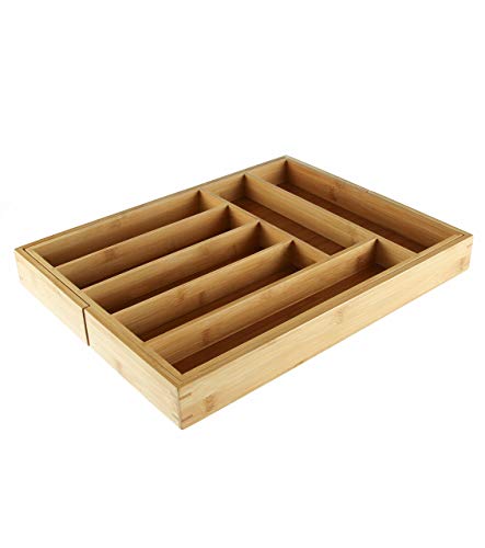 Bamboo Expandable Drawer Organizer, Premium Cutlery and Utensil Tray, 100% Pure Bamboo, Adjustable Kitchen Drawer Divider