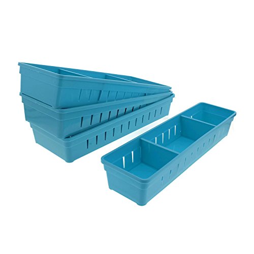 Cheftor Plastic Storage Drawers Drawer Organizers with Dividers for Stationery, Makeup, Silverware, set of 4 (Blue)