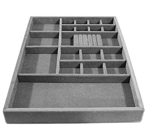 Jewelry Drawer Organizer, Wood and Velvet for Jewels, Rings, Necklaces, Bracelets, 20 Compartments, Protects Jewelry, , Stackable, Durable and Made In USA , (Gray/Silver)