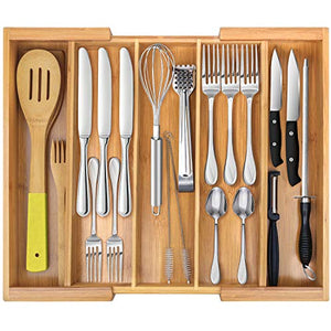 Expandable Cutlery Tray & Utensils Drawer Organizer for Silverware, Flatware Organizer with 5 Compartments & Kitchen Drawer Storage with Bamboo- by Ybj-ake