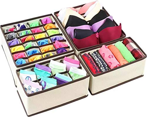 YDS 4 Pcs Collapsible Beige Fabric Storage Boxes, Foldable Drawer Dresser Closet Dividers Organizer for Underwear, Bra, Socks, Lingerie, Clothing, Cosmetic