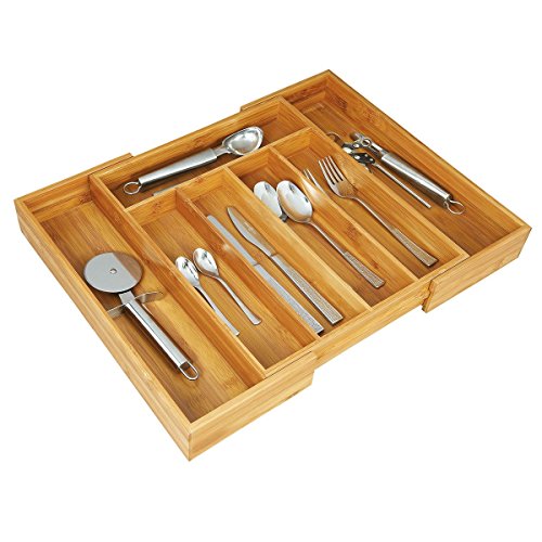 Axentia Wood Cutlery Tray - Expandable Bamboo Cutlery Tray Utensil Organiser Flatware Drawer Insert & Divider - 5 to 7 Compartments - Extendable 31 to 48.5cm
