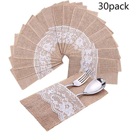 Faylapa 30 Pcs Natural Burlap Silverware Napkin Holder Tableware Utensils Knifes Forks Pouch for Rustic Wedding Party Bridal Baby Shower