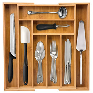 Ivation Large Expandable Bamboo Drawer Organizer – Adjustable Dimensions Multi Compartment Cutlery & Utility Tray for Kitchen Utensils, Silverware, Tools & Other Household Accessories