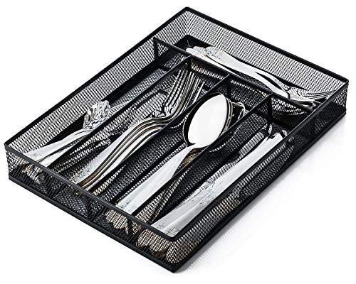 JANE EYRE Solid Utensil Drawer Organizer, Cutlery Tray, Silverware/Flatware Storage Divider for Kitchen, Mesh Designing with Non-slip Foam Feet, 5 Component, Black- 1 Pack