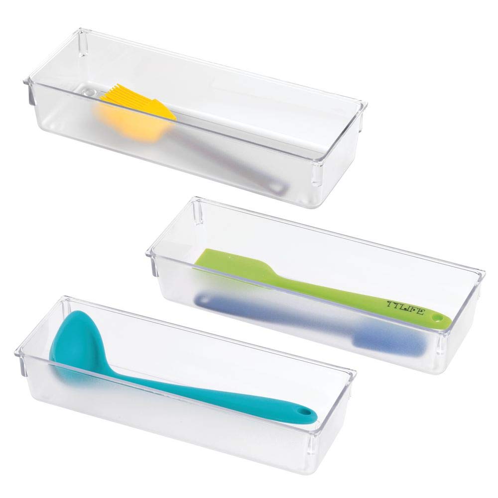 mDesign Compact Plastic Kitchen Cabinet Drawer Organizer Tray - Storage Bin for Cutlery, Serving Spoons, Cooking Utensils, Gadgets - BPA Free, Food Safe - 3" Wide, 3 Pack - Clear