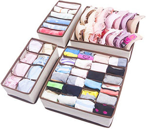 Amborido Underwear Storage Drawer Organizer 4 Set Basket Bins Foldable Sturdy Divider Socks Bras Ties Small Objects Beige