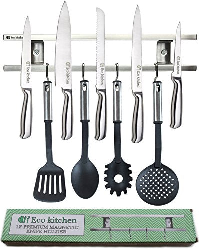 Magnetic Knife Strip 12 Inch - Best Kitchen Magnetic Knife Holder - Wall Knife Magnet - Magnetic Knife Rack Bar With 4 Hooks in Gift Box - 5 Years Guarantee