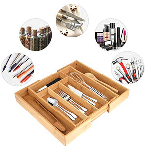 Utensil Drawer Organizer, Cutlery Tray Desk Drawer Organizer Silverware Holder Kitchen Knives Tray Drawer Organizer, Bamboo Expandable Adjustable Cutlery
