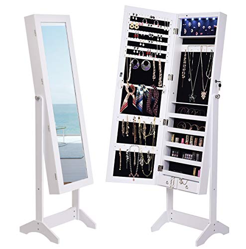 Giantex 5 LEDs Mirrored Jewelry Cabinet with Full Length Mirror, Standing Jewelry Armoire with 2 Drawers and 3 Adjustable Angle, Lockable Standing Mirrored Jewelry Armoire Organizer, White
