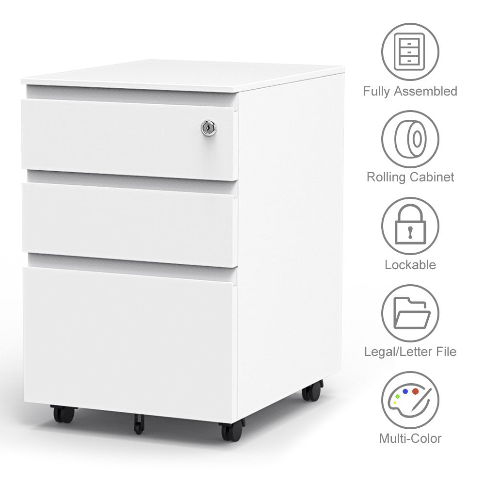 Yoleo 3-Drawer Filling Cabinet, Metal Vertical File Cabinet with Hanging File Frame for Legal & Letter File Install-Free Anti-tilt Design and Lockable System Office Rolling File Cabinet-White