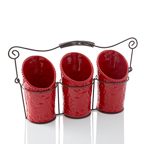 Kitchen Flatware Caddy - 3 Ceramic Utensil Holders (4" Dia x 7" H each) & 1 Wire Caddy - Red