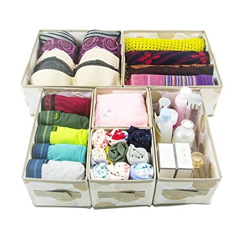Antoforest Foldable Storage Bin Cube Box Dresser Drawers Organizer for Underwear Bras Socks Tie Scarf Cosmetic Set of 6, White and Beige