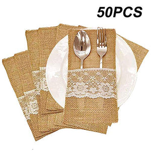 AmaJOY 50pcs 4x8 inch Natural Hessian Burlap Utensil Holders Silverware Napkin Holders Cutlery Pouch Knifes Forks Bag for Country Wedding Decor Bridal Shower Party Table Setting Decorations