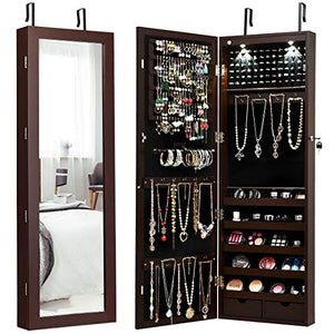 Giantex Wall/Door Mounted Jewelry Armoire Organizer with 2 LED Lights, Lockable Height Adjustable Jewelry Cabinet with Full Length Mirror, Large Capacity Dressing Makeup Jewelry Mirror Storage (Brown)