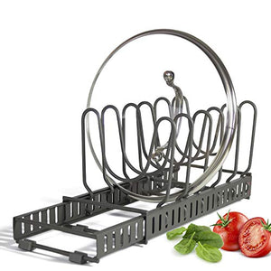 Expandable Lid Holder with 10 Adjustable Dividers: Store 9+ Lids, Separable into 2 Organizers, Can Be Extended to 22.25”, Kitchen Cookware Pan Pot Lid Organizer Rack Pantry