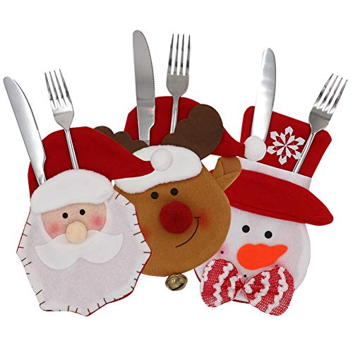 Wmbetter Christmas Cutlery Sets/Gift Bag/Tableware Holders/Silverware Holder Pockets for Christmas Table Decoration Set of 3(Snowman,Santa,Elk Style)