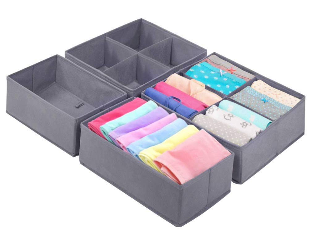Homyfort Cloth Dresser Organizer Drawer Divider,Closet Storage Cubes Bins Boxes for Clothes, Underwear, Bras, Socks, Ties, Scarves, Set of 6 Beige