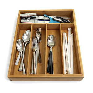 Zanzer Premium Organic Bamboo Cutlery Organizer - Adjustable with 5 Compartments Storage Dividers | Multifunctional and Perfect Holder for Kitchen Utensil, Flatware, Silverware - 14" x 11.5" x 2.25"