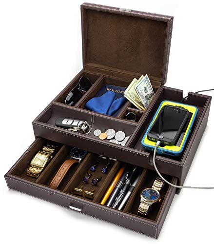 HOUNDSBAY Admiral Big Dresser Valet Box & Mens Jewelry Box Organizer with Large Smartphone Charging Station (Dark Brown)