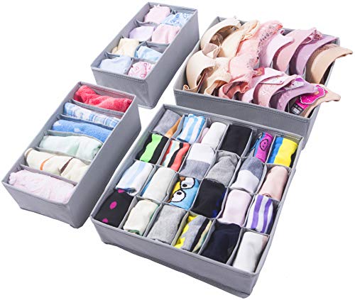 Amborido Underwear Storage Drawer Organizer 4 Set Basket Bins Foldable Sturdy Divider Socks Bras Ties Small Objects Grey