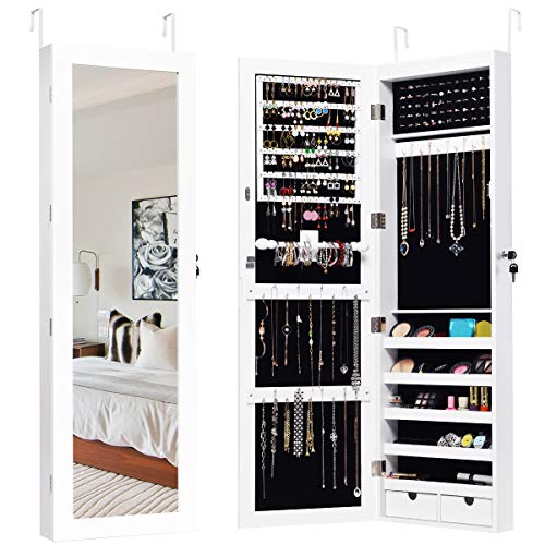 Giantex Wall Mount Jewelry Armoire Cabinet with 15 LED Lights, Lockable Key Large Hanging Cabinets for Jewelry Storage Bedroom 60 Ring Slots 29 Hook 1 Scarf Rod, Jewelry Armoires Box w/2 Drawers,White