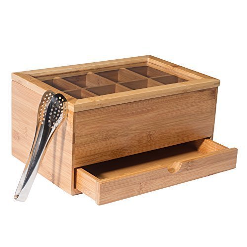 Contenta Bamboo Tea Box and Condiment Storage Drawer for Sugar and Spoons. Big Chest in Natural Color with a Clear Acrylic Lid and Included Squeezer. Pretty Presentation for Your Tea Bags.