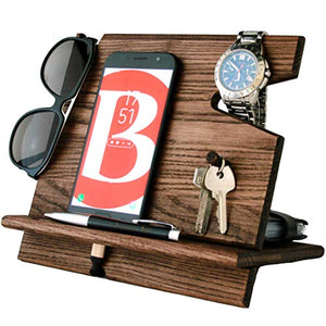 Wooden Cell Phone Stand. Nightstand Charging Dock Plus Watches Holder. Mens Wood Bed Side Valet Tray Organizer. Desk Top Docking Station Smart Mobile Base. Cute Universal Dresser Caddy Device Storage