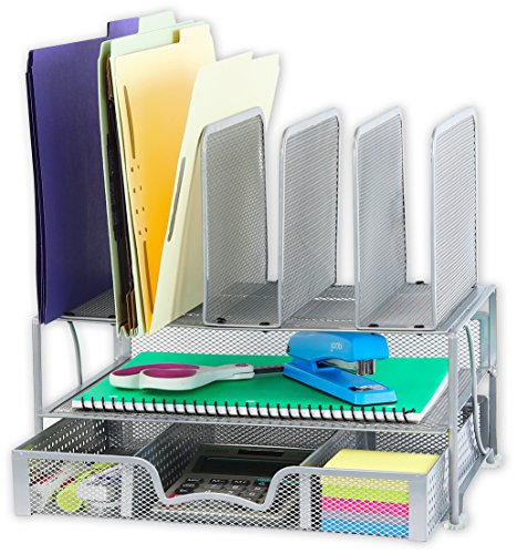 SimpleHouseware Mesh Desk Organizer with Sliding Drawer, Double Tray and 5 Upright Sections, Silver