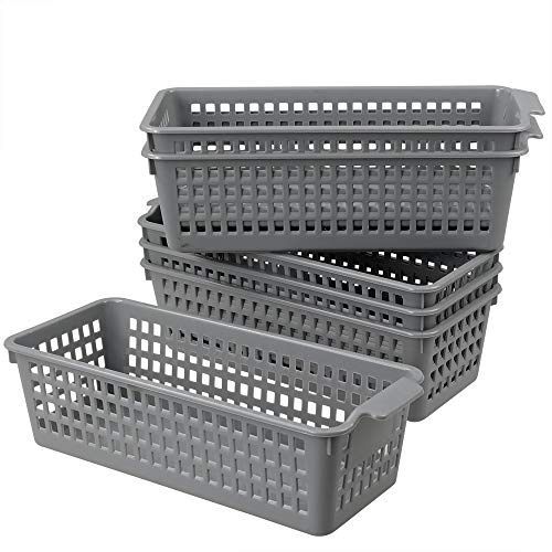 Doryh Long Plastic Basket Trays, Slim Pencil Organizer Grey, 6-Pack