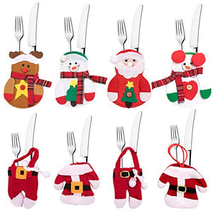 8 Pcs Christmas Silverware Holder,4PCS Clothes Suit Xmas Cutlery Holders + 4PCS Snowman Santa Fork Spoon Knife Pockets Cover Tableware Bags, Christmas Decor Table Dinner Ornaments Party Home Restauran