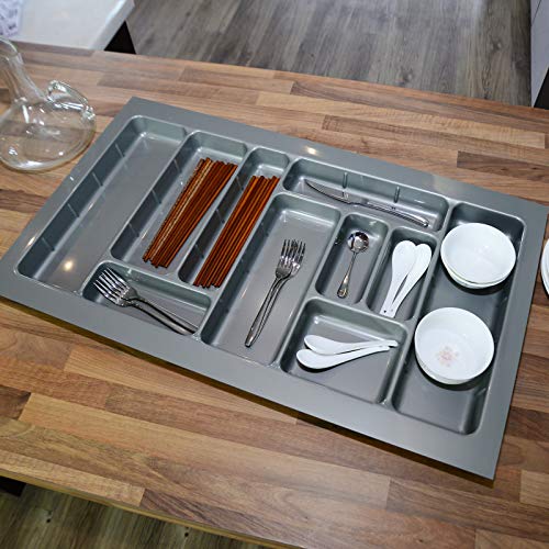 Cutlery Tray Kitchen Storage Drawer Organizer Insert Spoons Holder Gray 10 compartments For Cabinet 900mm Width Plastic