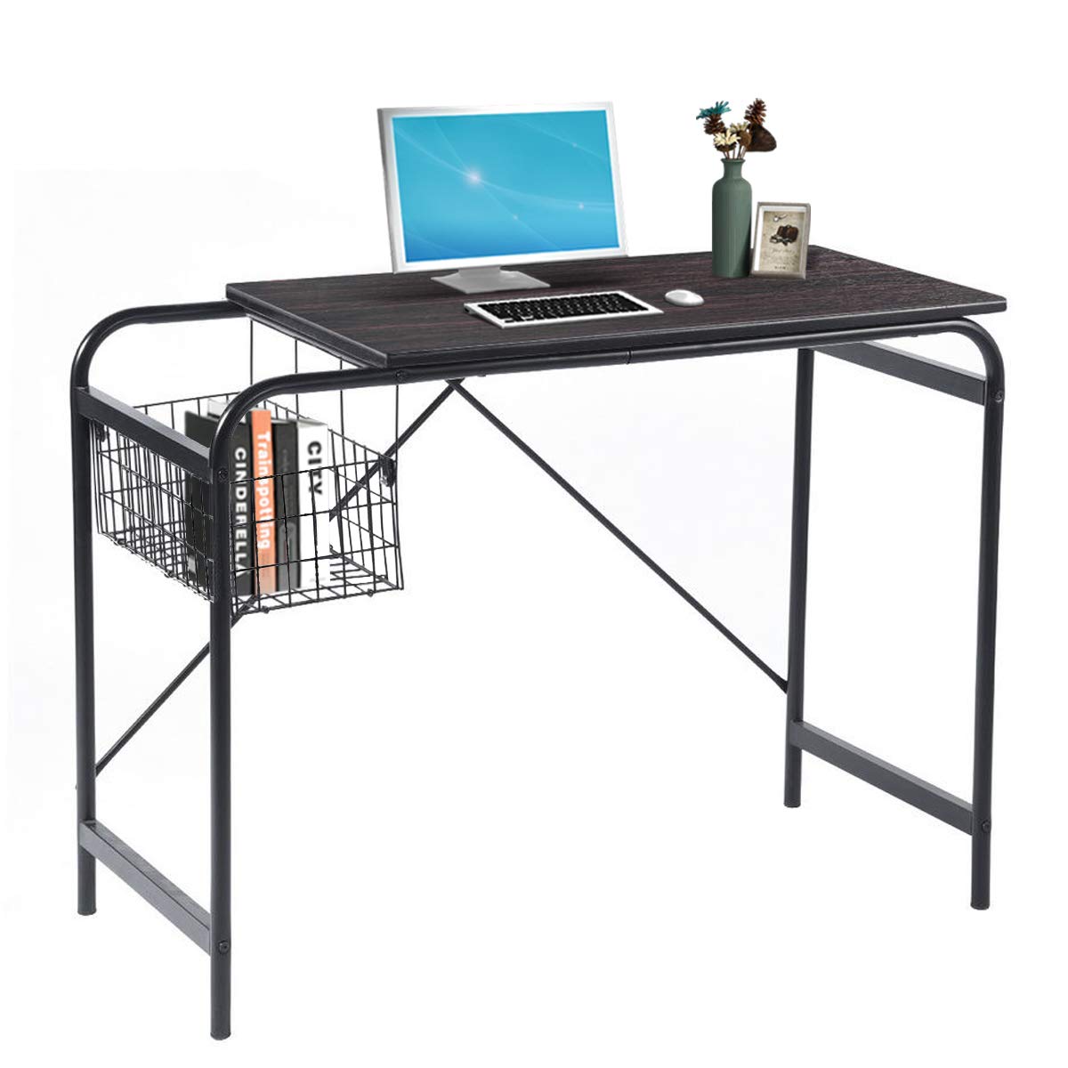 Computer Writing Desk with Metal Storage Basket Industrial Modern Simple Laptop Desk Wooden Study Workstation Space Saving Table Ideal for Home Office Dormitory Small Room or Corner, Walnut