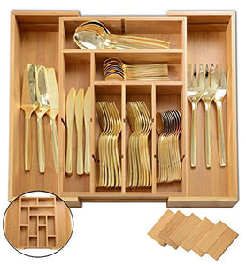 Utensil Drawer Organizer | Divides up to 13 Compartments | Cutlery,Silverware,Flatware Expandable Bamboo Kitchen Drawer Organizer Cutlery Tray | Height 2 3/8" | by: Adorn