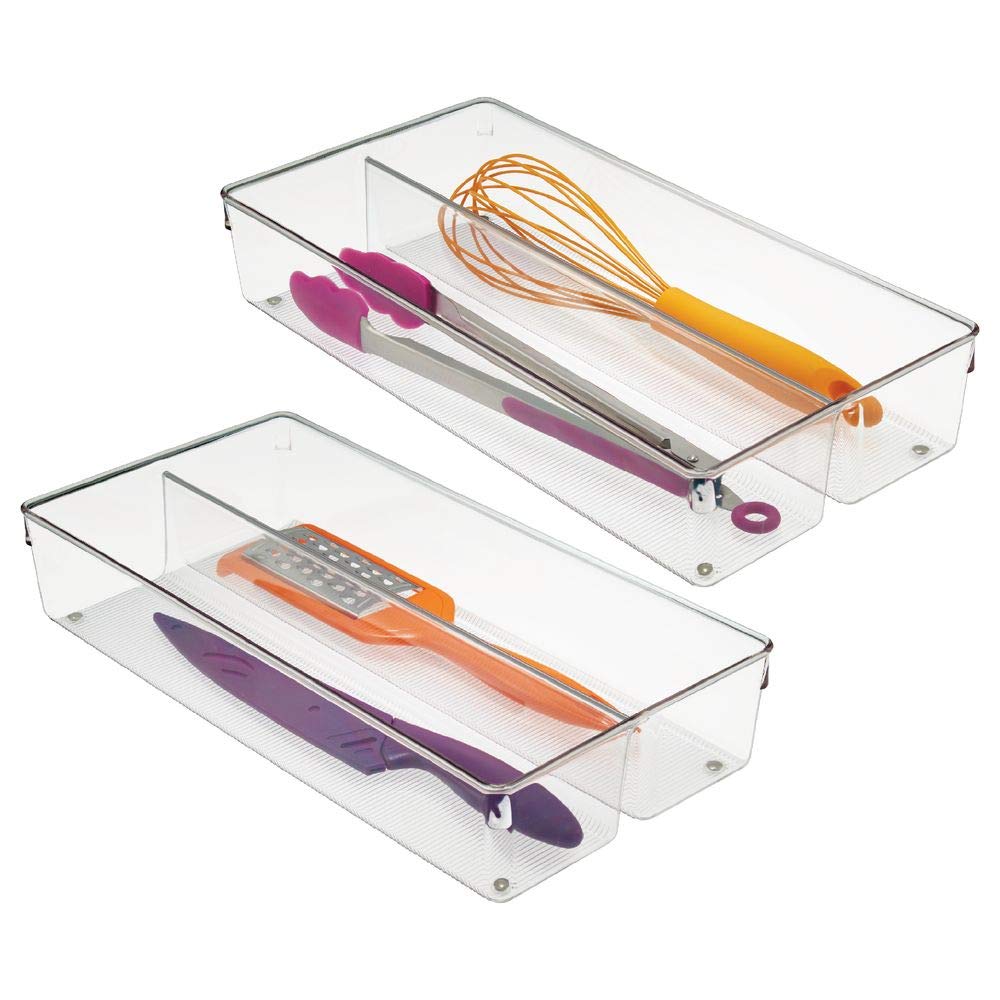 mDesign 2 Compartment Kitchen Cabinet Plastic Drawer Organizer Tray with Non-Skid Feet - Divided Sections for Cutlery, Serving Spoons, Cooking Utensils, Gadgets, BPA Free, 3" Deep, Pack of 2, Clear