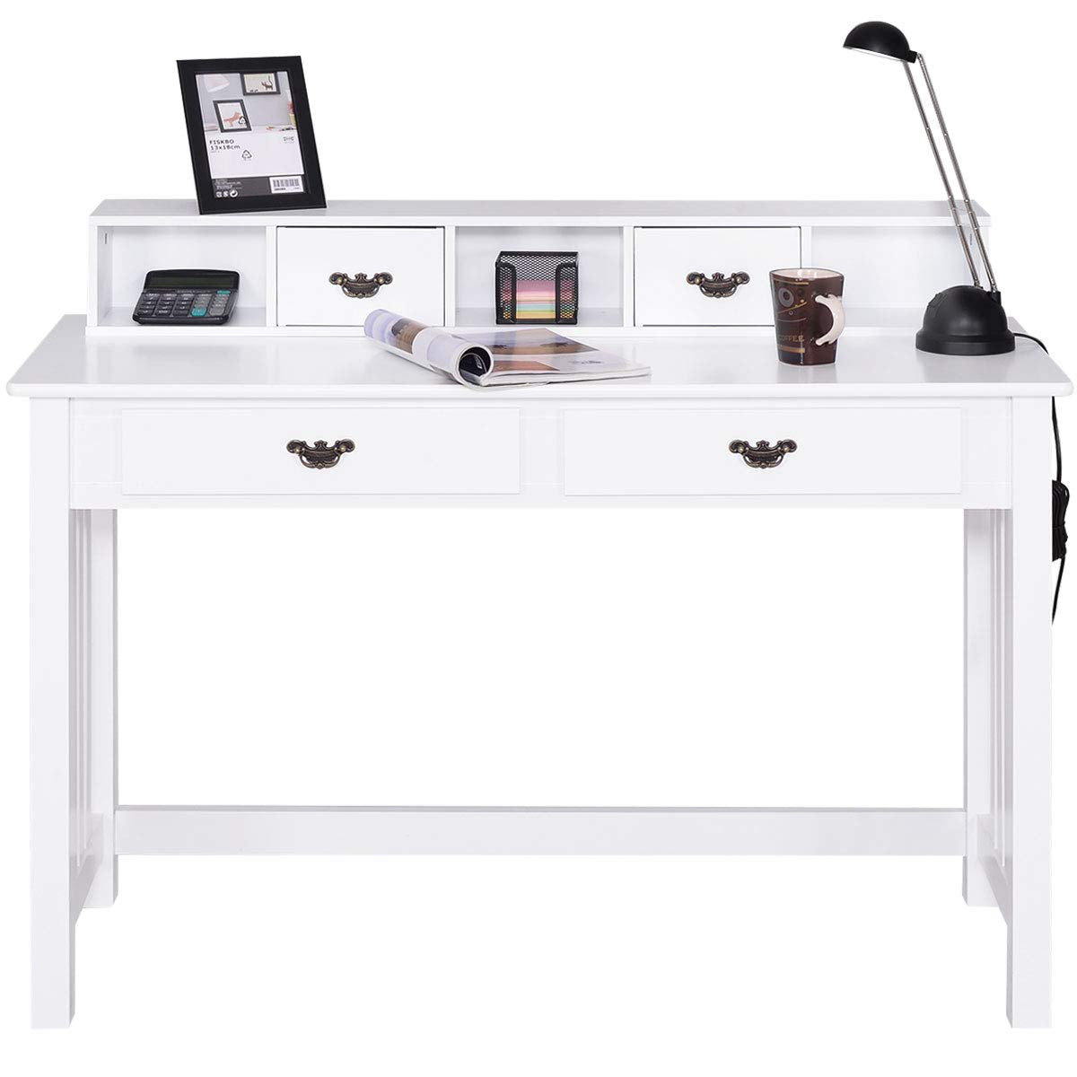Giantex Writing Desk with 4 Drawers 2-Tier Mission Home Office Computer Desk, White