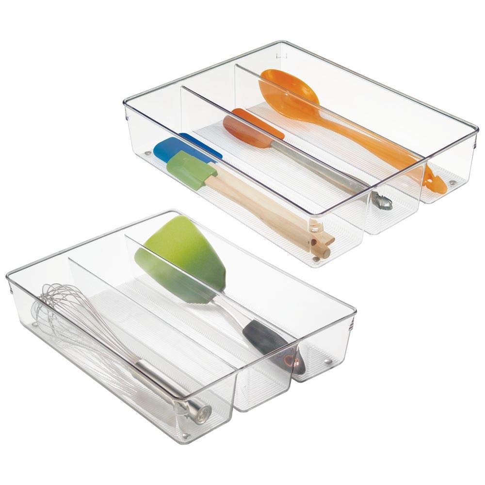 mDesign 3 Compartment Kitchen Cabinet Drawer Organizer Tray with Non-Skid Feet - Divided Sections for Cutlery, Serving Spoons, Cooking Utensils, Gadgets, BPA Free, Food Safe, 3" Deep, Pack of 2, Clear