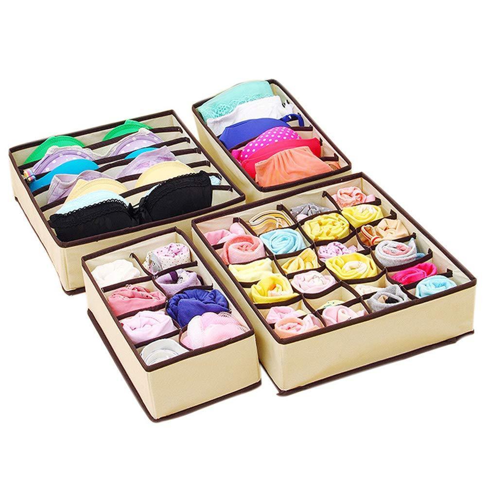 Aitmexcn Closet Underwear Organizer, Foldable Storage Box Drawer Divider Kit for Socks Panties Bra Ties Clothing, Set of 4- Beige