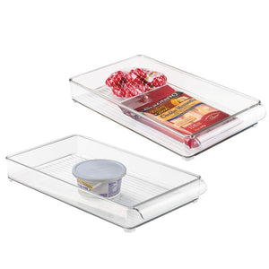 mDesign Slim Stackable Plastic Food Storage Container Tray with Handle - for Kitchen, Pantry, Cabinet, Fridge/Freezer - Organizer for Snacks, Produce, Vegetables - BPA Free, Food Safe - 2 Pack, Clear