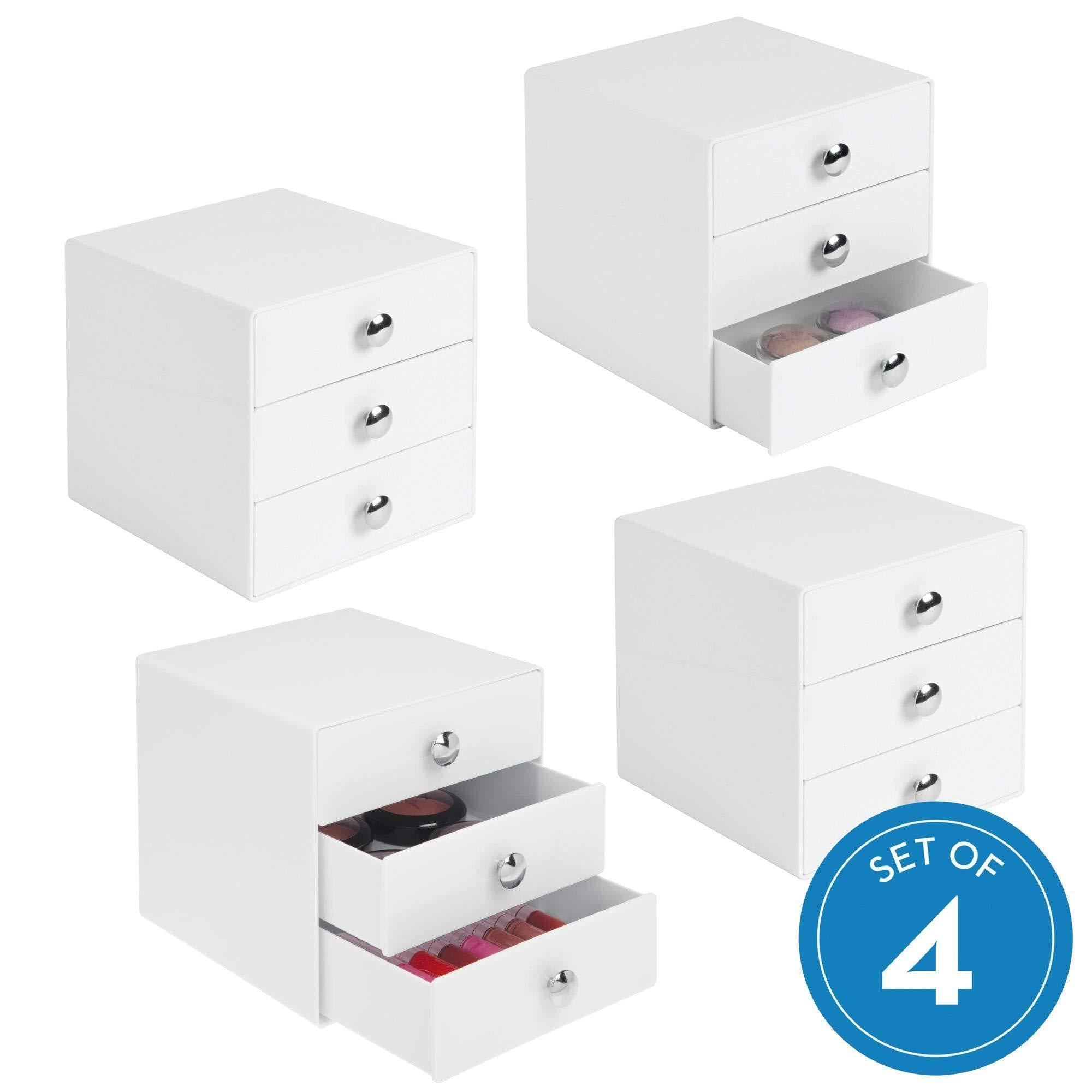 iDesign Plastic 3 Jewelry Box, Compact Storage Organization Drawers Set for Cosmetics, Makeup, Hair Care, Bathroom, Office, Dorm, Desk, Countertop, 6.5" x 6.5" x 6.5", Set of 4, White