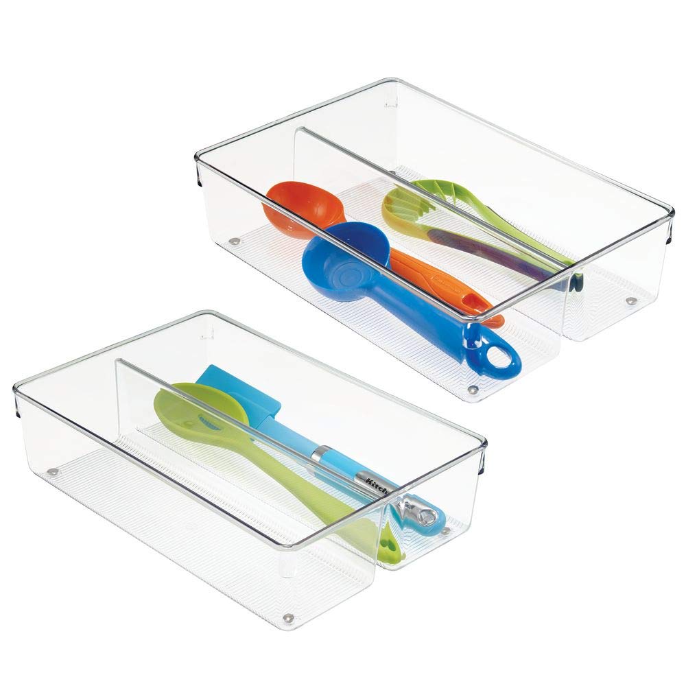 mDesign 2 Compartment Kitchen Cabinet Plastic Drawer Organizer Tray, Non-Skid Feet - Divided Sections for Cutlery, Serving Spoons, Cooking Utensils, Gadgets, BPA Free, 8" x 12" x 3" - 2 Pack, Clear