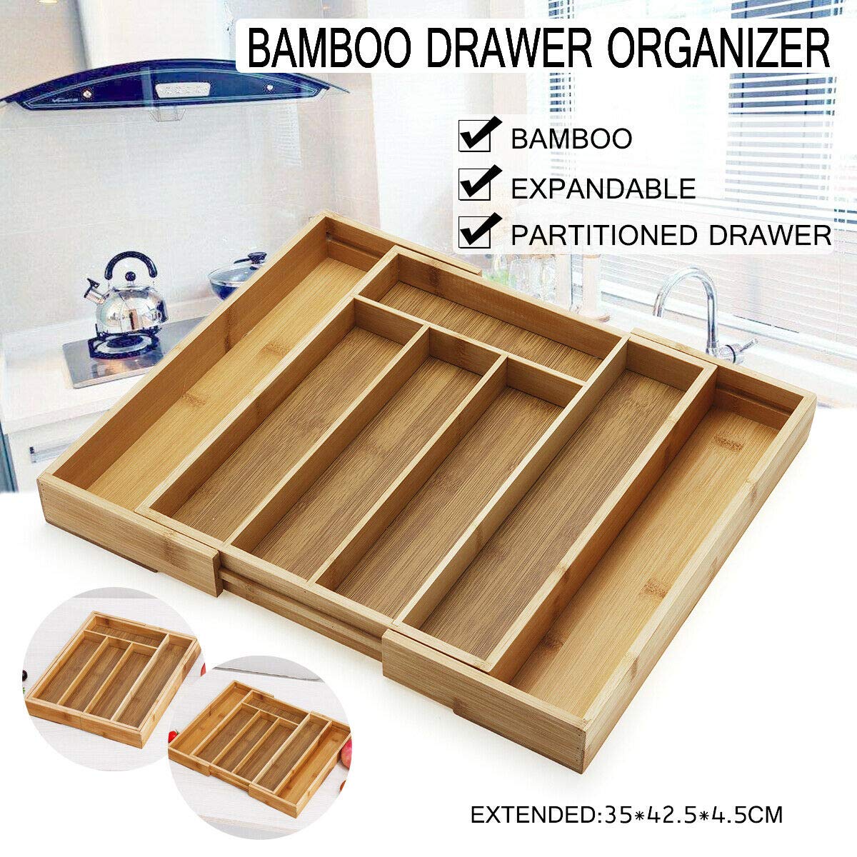 Annstory Bamboo Expandable Drawer Organizer and Divider Cutlery Tra Holder with 7 Compartments for Kitchen Utensil, Flatware, Silverware Storage (wood2)